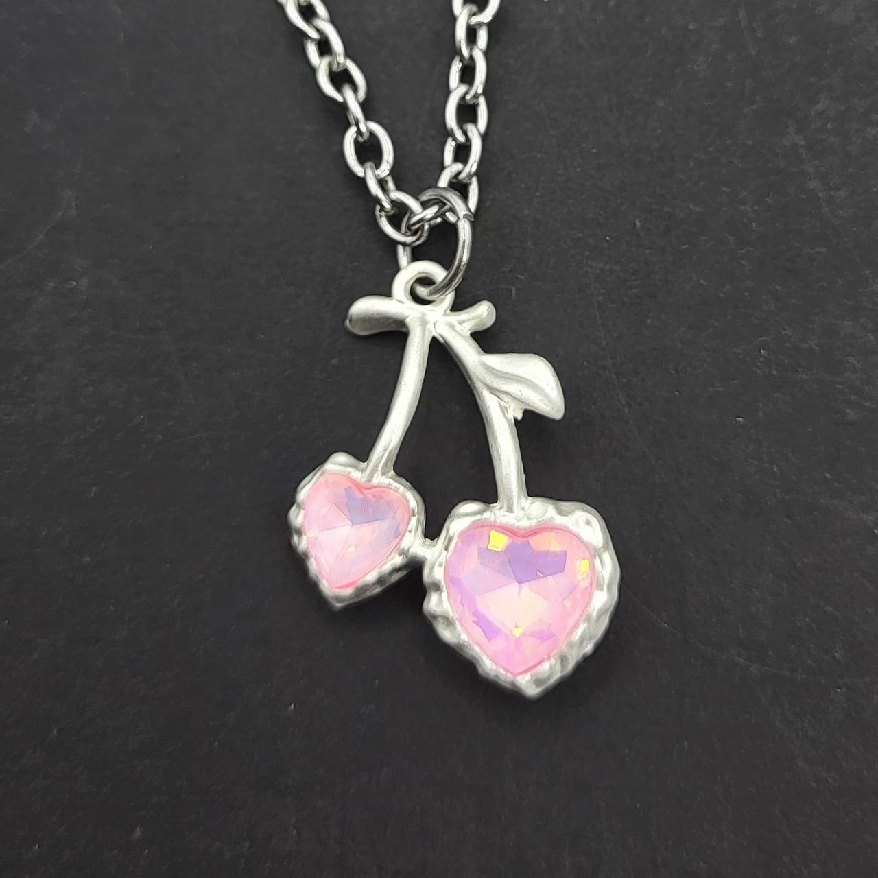 Y2K pink Cherry Heart Necklace - stainless steel chain