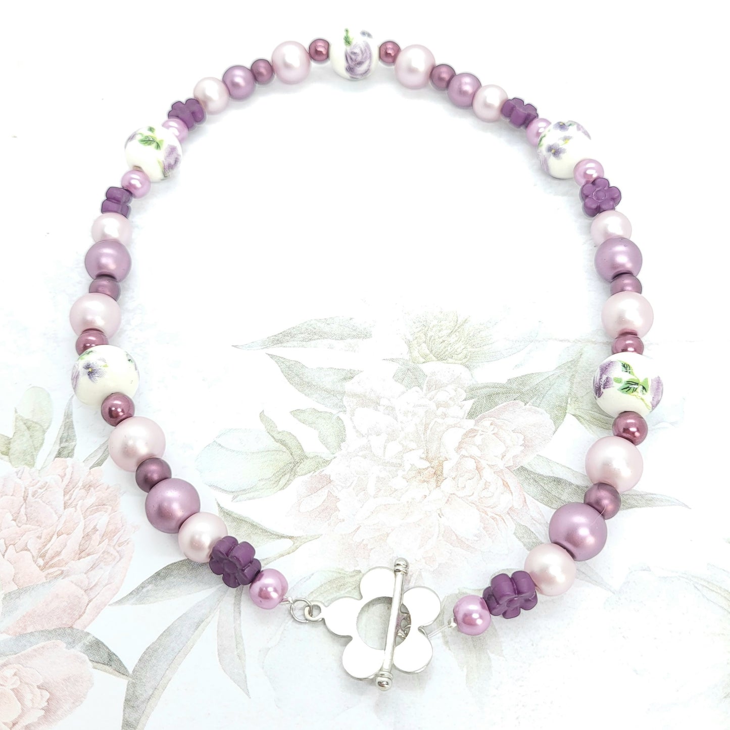 Purple Beaded Necklace with Flower Toggle