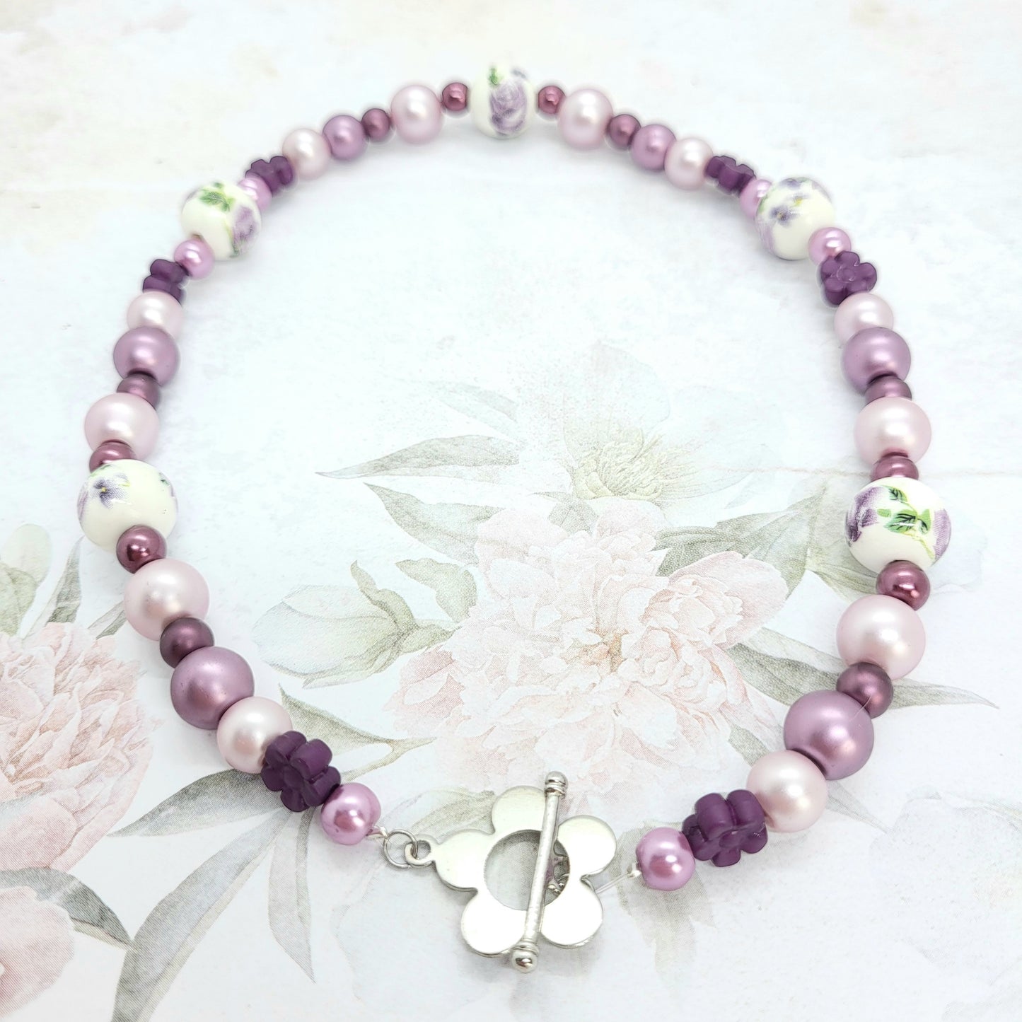 Purple Beaded Necklace with Flower Toggle