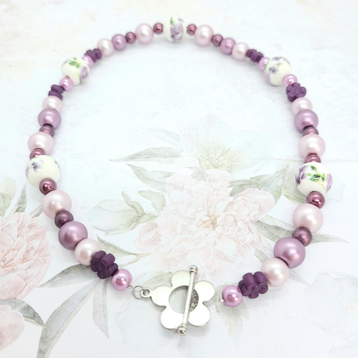 Purple Beaded Necklace with Flower Toggle