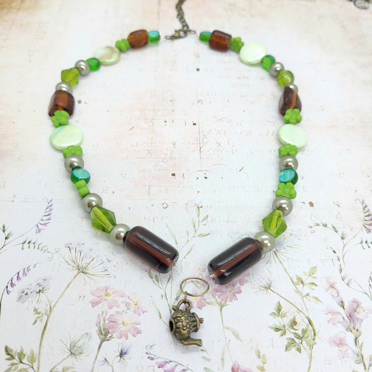 Green Beaded Teacup Necklace