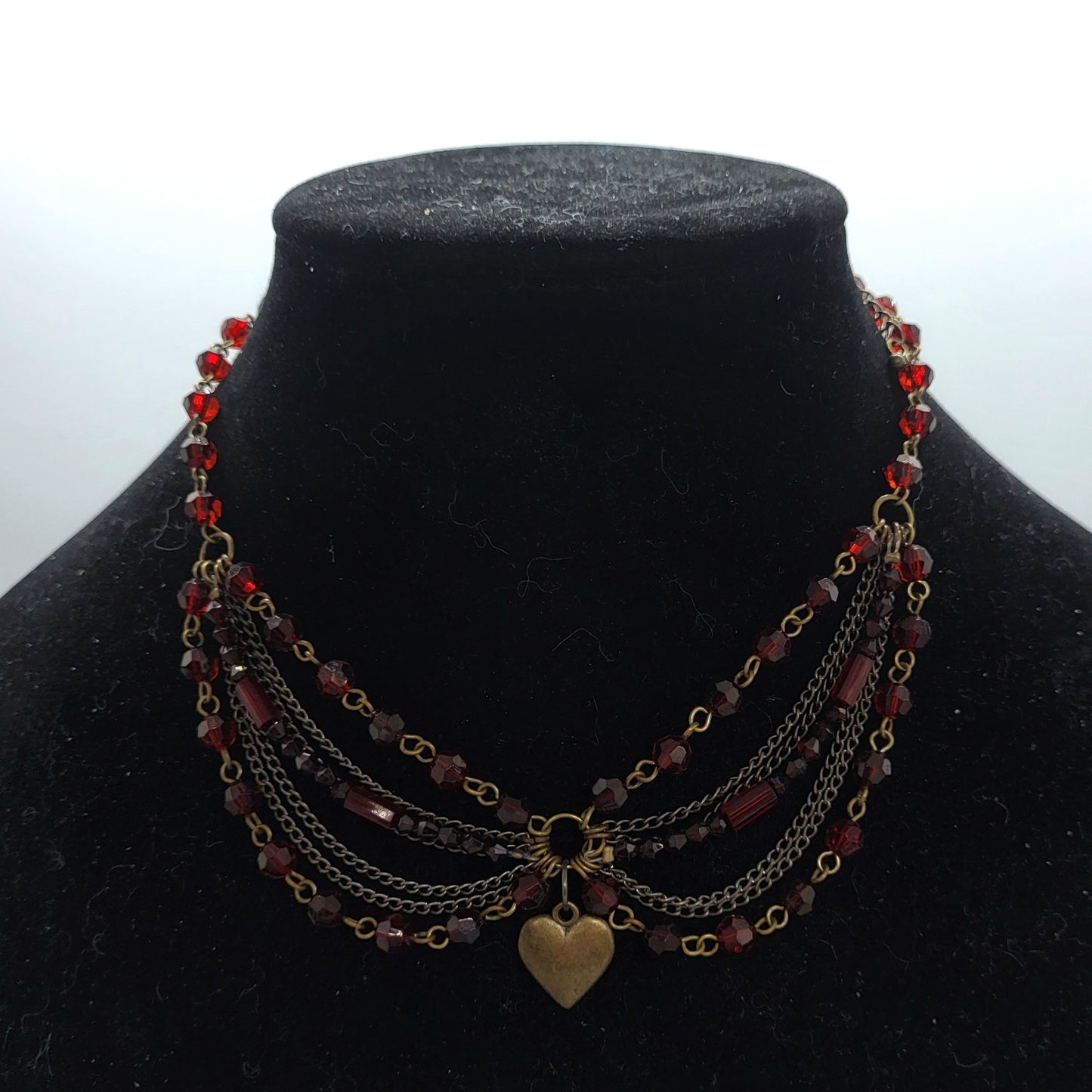 Red Beaded Bronzecoloured Heart Necklace