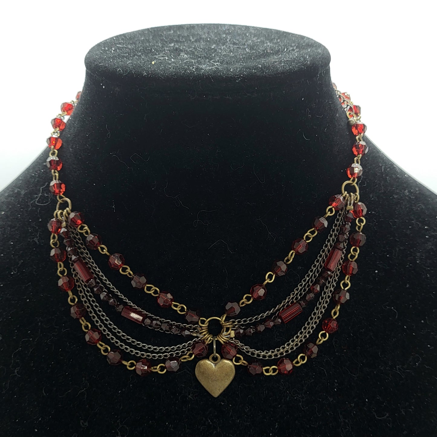 Red Beaded Bronzecoloured Heart Necklace