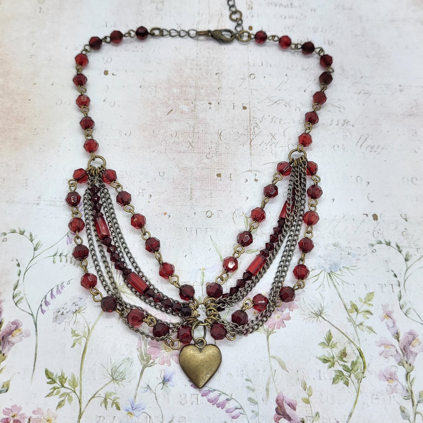 Red Beaded Bronzecoloured Heart Necklace