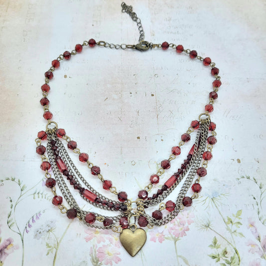 Red Beaded Bronzecoloured Heart Necklace